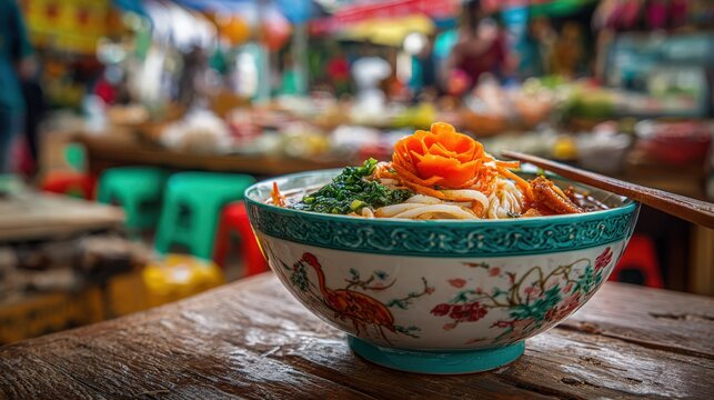 A bowl of Kuay Tiew with rice noodles, decorated with a carved carrot peacock