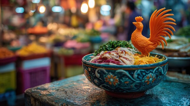 A bowl of Kuay Tiew with rice noodles, decorated with a carved carrot peacock