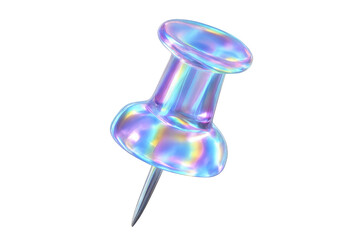 Holographic push pin on transparent background, creating a vibrant and modern take on a classic office supply icon, perfect for design projects