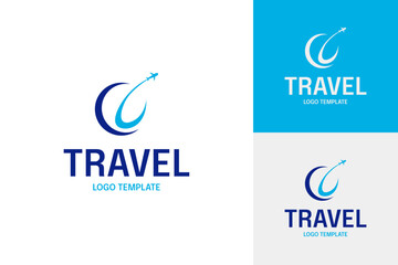 Travel logo airplane with globe design vector template illustration