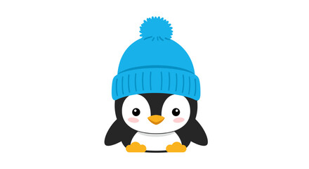 Obraz premium Little Penguin in Blue Hat Vector Winter Character