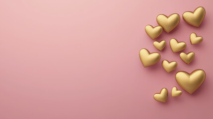 Fototapeta premium Golden heart shapes floating over soft pink background creating warm romantic feeling