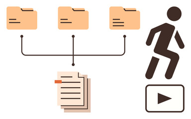 Organized folders connected to documents, active figure stepping toward video play icon. Ideal for teamwork, productivity, planning, digital transformation, process management, task execution, simple