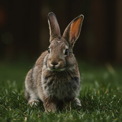 Fototapeta premium Brown rabbit sitting on grass. Close up of a wild bunny in a natural habitat.