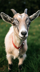 Curious young goat standing in a grassy field. Close up portrait of a baby goat looking directly at the camera.
