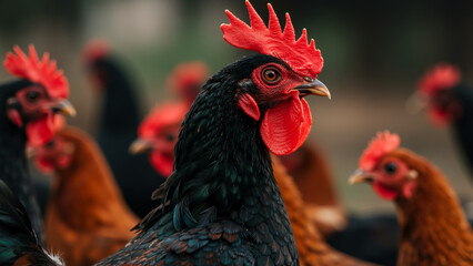 Black rooster portrait. Close up of a male chicken with vibrant red comb and wattle.