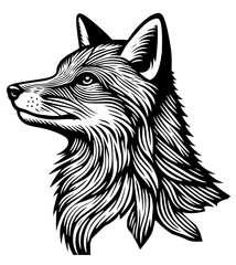 Woodcut Style Illustration Of A Red Fox Head Staring at The Sky.