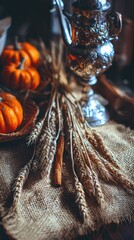 Flat lay of autumn centerpiece: dried wheat stalks, mini pumpkins, cinnamon sticks on burlap runner, vintage silver gravy boat, soft morning light 