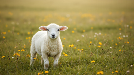 Obraz premium Young lamb standing in a field of yellow wildflowers. Close up portrait of a fluffy sheep grazing on grass.