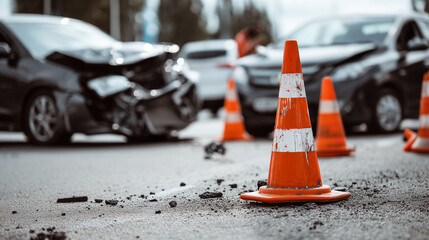 Car Accident Scene Safety Cones Mark the Spot of a Road Collision, Insurance Claim