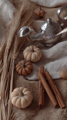 Flat lay of autumn centerpiece: dried wheat stalks, mini pumpkins, cinnamon sticks on burlap runner, vintage silver gravy boat, soft morning light 