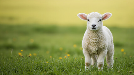Fototapeta premium Lamb standing in grassy field with wildflowers. Portrait of a young sheep grazing in a meadow.