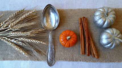 Flat lay of autumn centerpiece: dried wheat stalks, mini pumpkins, cinnamon sticks on burlap runner, vintage silver gravy boat, soft morning light 