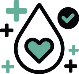 Obraz premium Donate blood concept features a drop with a heart inside and plus signs for medical assistance.