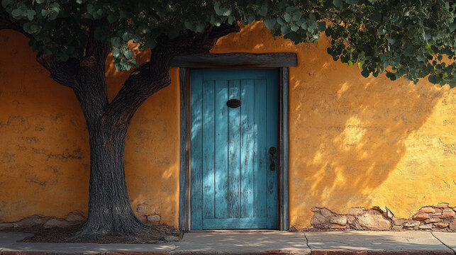 Blue door on yellow adobe wall under shade tree in Santa Fe - Powered by Adobe
