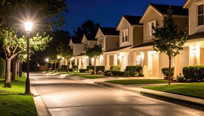 Obraz premium Residential street at night, lit homes