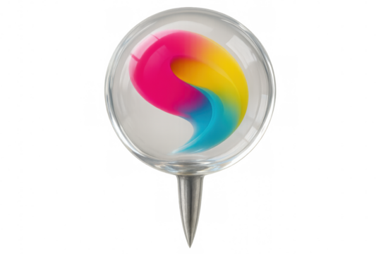 Transparent glass orb containing swirling multicolored map marker design, representing geographical navigation concept
