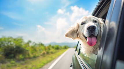Close-up of happy golden retriever dog with tongue out and ears flapping in the wind, enjoying summer road trip with head out of car window against blue sky on a sunny highway drive