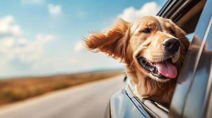 Close-up of happy golden retriever dog with tongue out and ears flapping in the wind, enjoying summer road trip with head out of car window against blue sky on a sunny highway drive