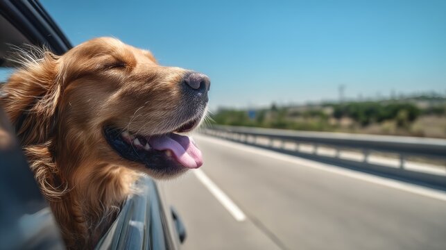 Close-up of happy golden retriever dog with tongue out and ears flapping in the wind, enjoying summer road trip with head out of car window against blue sky on a sunny highway drive
