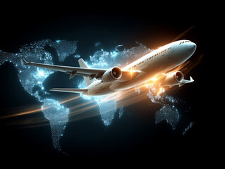 Global Air Travel Airplane Soaring Above World Map Representing International Flights and Connectivity