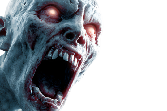 Close-up of a zombie with glowing eyes screaming isolated on transparent background