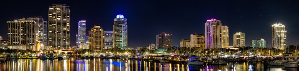 Nighttime Panoramic View of Downtown St. Petersburg, Florida with Reflections and Marina