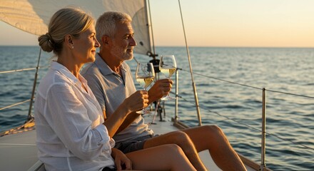 Couple enjoying sunset drinks on yacht