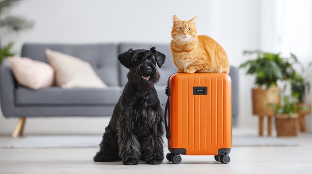 Playful black schnauzer dog and orange cat sitting together on a suitcase in cozy living room with gray sofa, white walls and potted plants, bright indoor lighting and high saturation colors