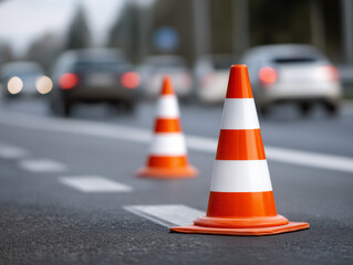 Traffic Cones on the Road Directing Motorists, Enhancing Visibility and Safety on Busy Highways