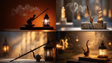 A four-panel composition features smoking pipes, lanterns, and curling smoke in diverse, softly-lit settings