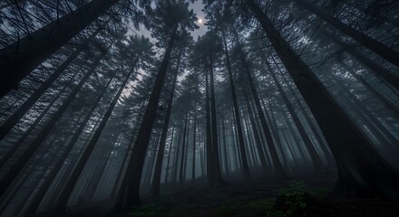 Misty forest at twilight, tall pines shrouded in fog, low angle view.