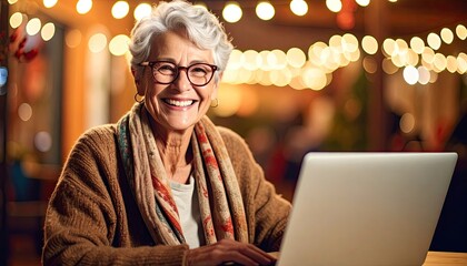 Obraz premium Senior woman using laptop outdoors at night