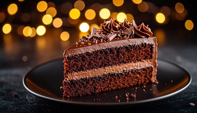 Chocolate cake slice with glossy ganache, ideal for premium dessert branding, chocolate ads or upscale bakery content