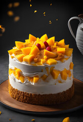 Delicious mango cake on a black background with ingredients around.