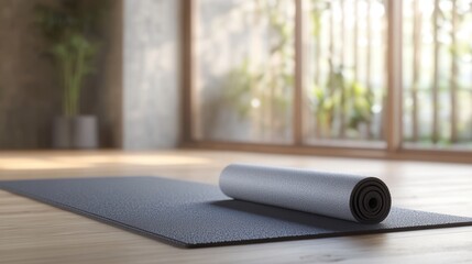Yoga mat branding mockup, minimal calm aesthetic on blur background 