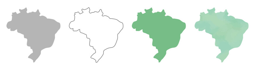 Set of Brazil map silhouettes in gray, outline, flat green, and watercolor texture styles.

