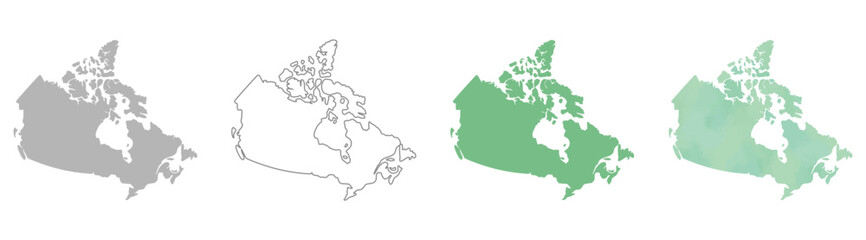 Set of Canada map silhouettes in gray, outline, flat green, and watercolor texture styles.

