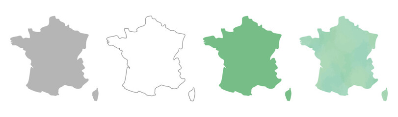 Set of France map silhouettes in gray, outline, flat green, and watercolor texture styles.

