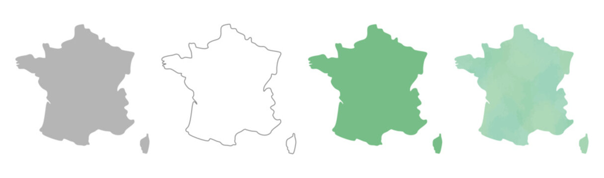 Set of France map silhouettes in gray, outline, flat green, and watercolor texture styles.


