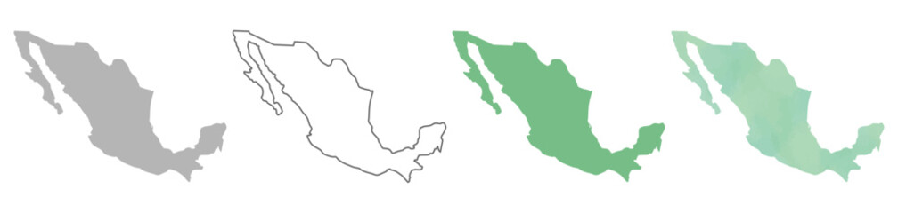 Naklejka premium Set of Mexico map silhouettes in gray, outline, flat green, and watercolor texture styles.