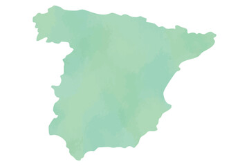 Watercolor textured silhouette of Spain map in soft green tones.


