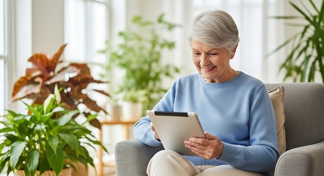 Smiling senior woman using a tablet in a comfortable living room setting.