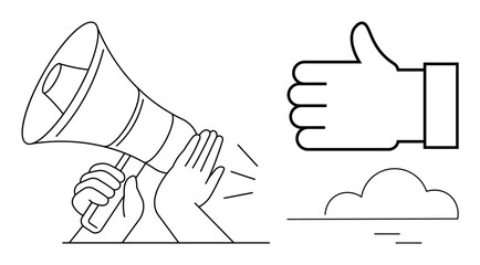 Hand holding a megaphone emitting sound waves, large thumbs-up sign, and minimal cloud. Ideal for marketing, promotion, feedback, approval, public relations, communication teamwork simple landing