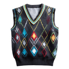 Colorful diamond pattern knitted vest. Fashionable sweater for autumn or winter.