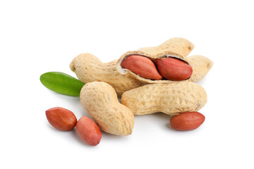 Unpeeled and peeled peanuts with leaf on white background
