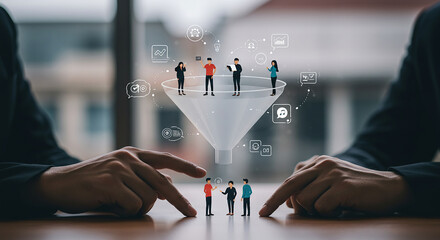 A conceptual illustration shows a professional hand managing a digital sales funnel containing people figures and data, symbolizing prospect screening and customer conversion in a business.
