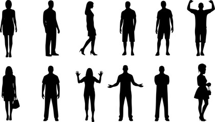 Vector silhouettes men and women, illustration. Silhouettes of young people posing in casual clothes. EPS 10 version.