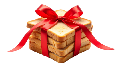 tack of Sliced White Bread Wrapped as a Present with a Bright Red Ribbon and Bow