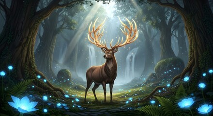 A majestic stag with golden antlers stands in a mystical forest illuminated by a beam of light, surrounded by glowing blue flowers.